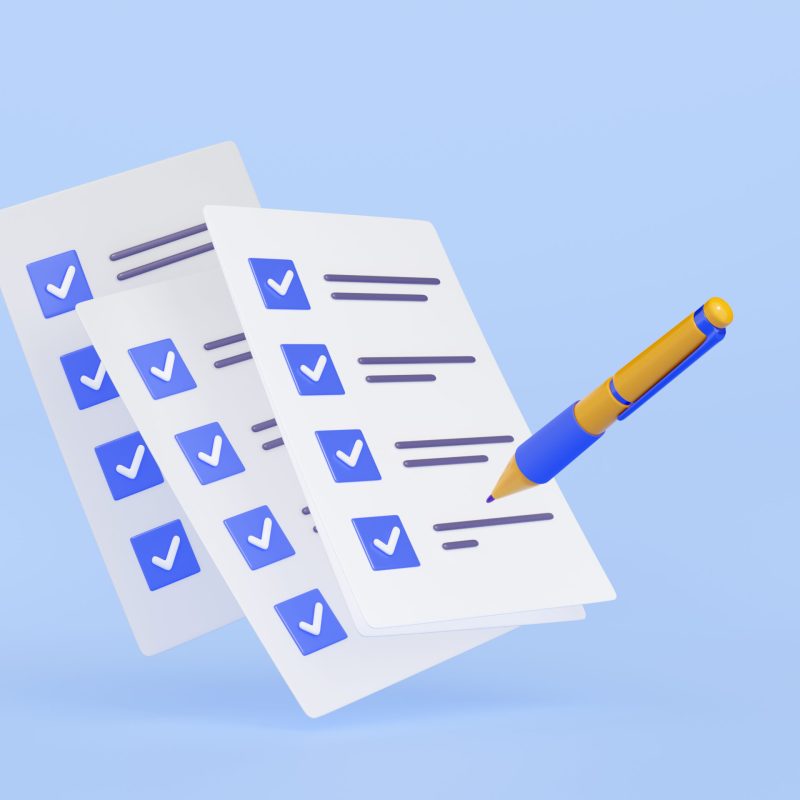 3D illustration of pen putting blue ticks on paper 3D illustration of pen putting blue ticks on checklist papers. Election voting, successful fulfillment of business tasks, action plan for effective time management, quality control assessment form